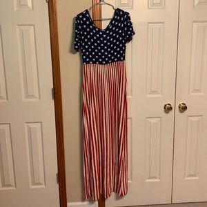 Red white and blue floor-length maxi dress with pockets